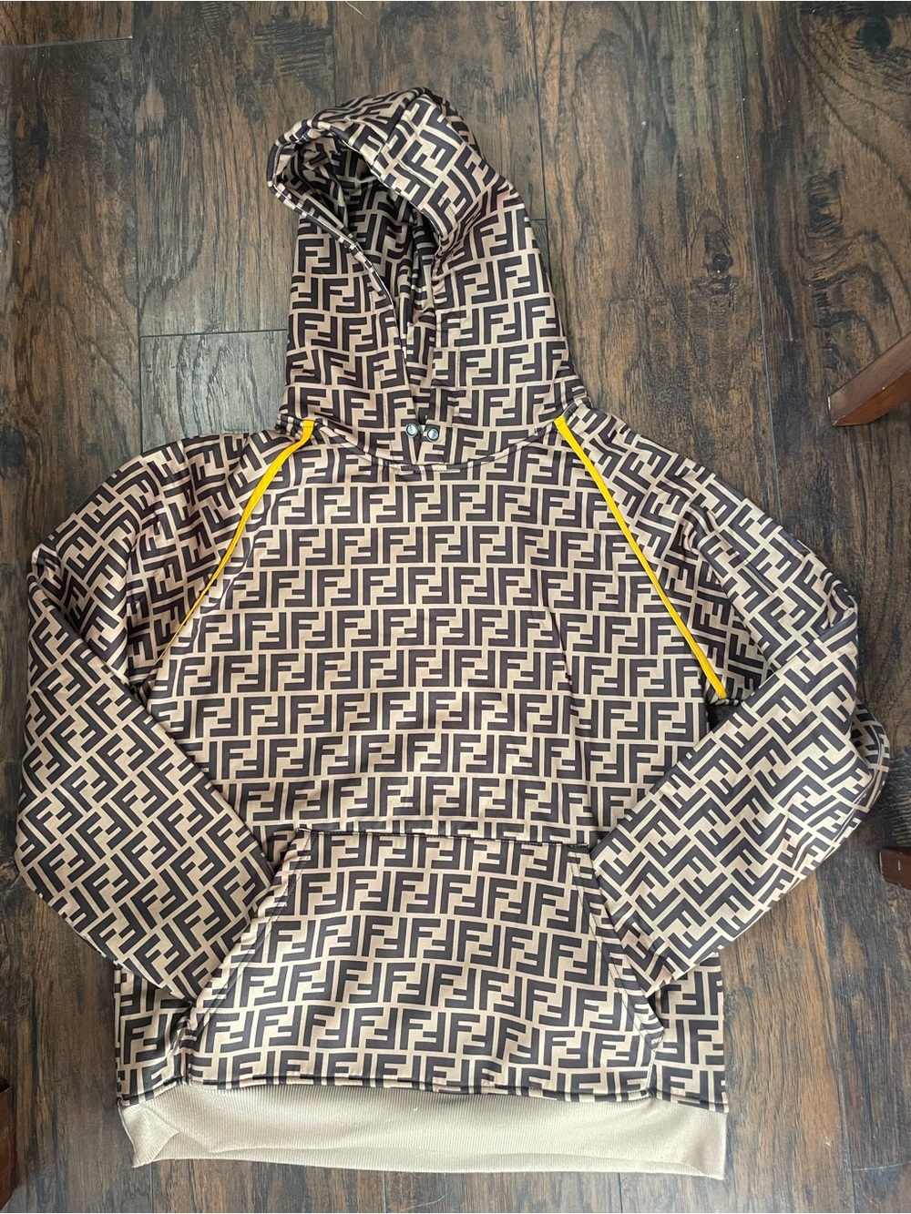 Beige & Brown FF-Logo Crewneck Hoodie with Yellow Drawcords